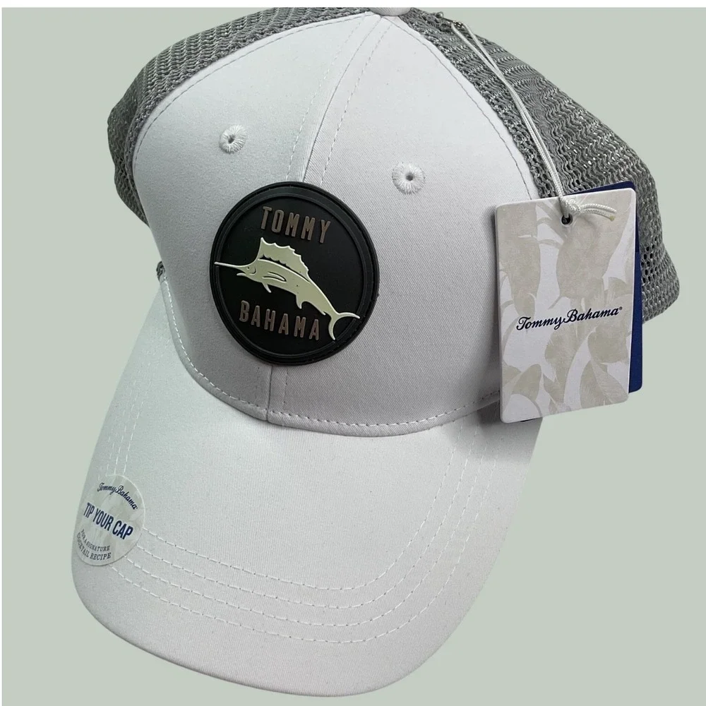 Tommy Bahama Hat Cap Mens Marlin Logo Trucker White Grey Snapback Cap NWT